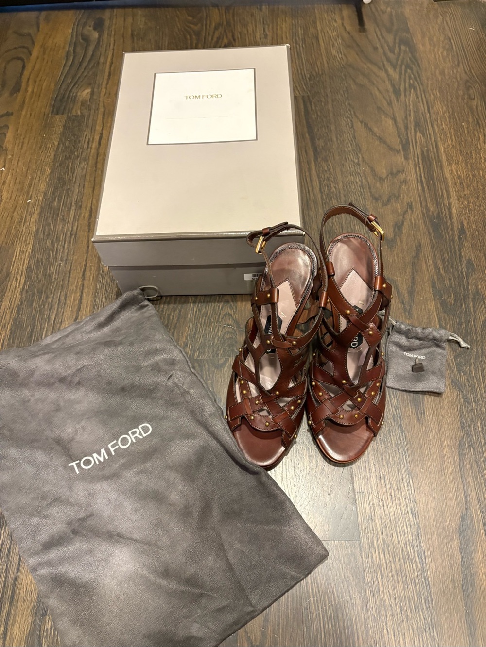 Tom Ford Brown Leather Studded Strappy Heels Italy as is floor display 37 1/2 - Picture 1 of 14